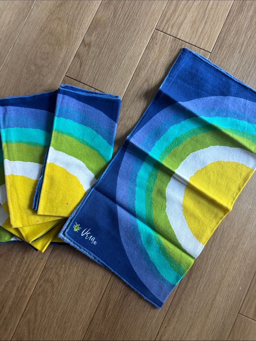 Vera Striped Rainbow Cotton Napkin Set - Blue, Green & Yellow set of 6
